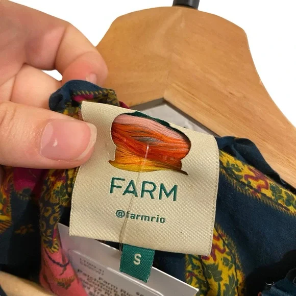 Farm Rio Patchwork Bananas Cotton Balloon Sleeve Ruffle Yoke Mini Trapeze Dress